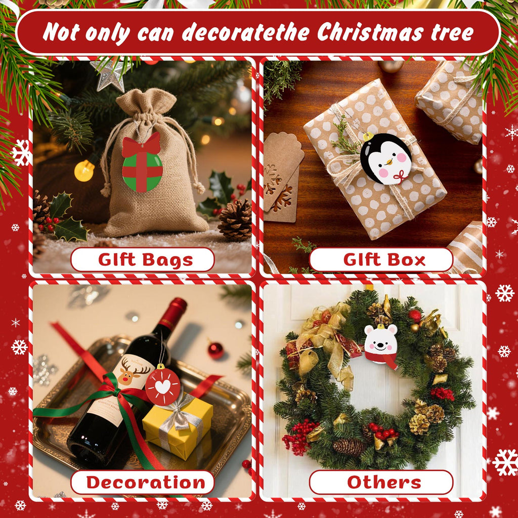 Collage of Christmas-themed gift bags, box, and decorations with festive text and border.