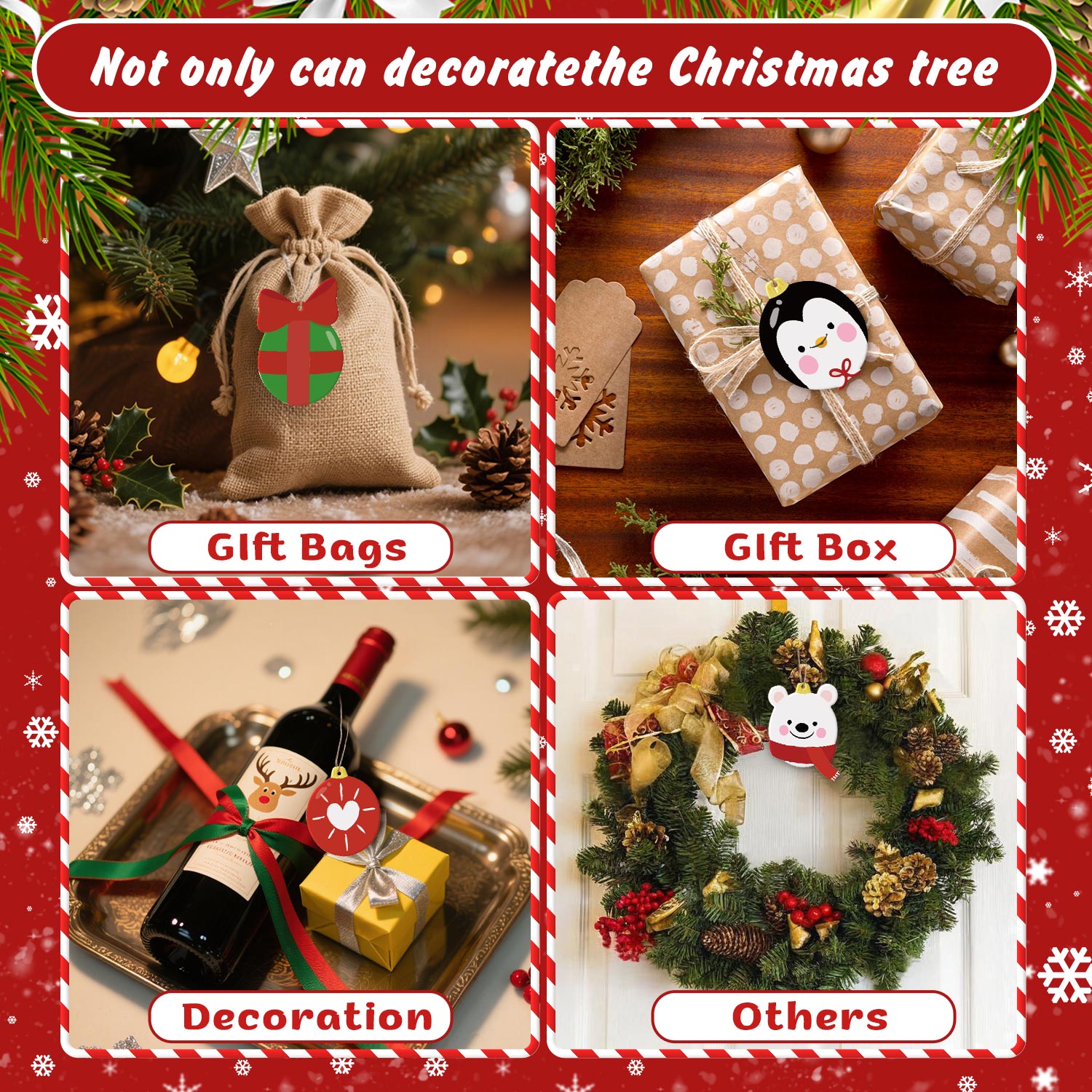 Collage of Christmas-themed gift bags, box, and decorations with festive text and border.