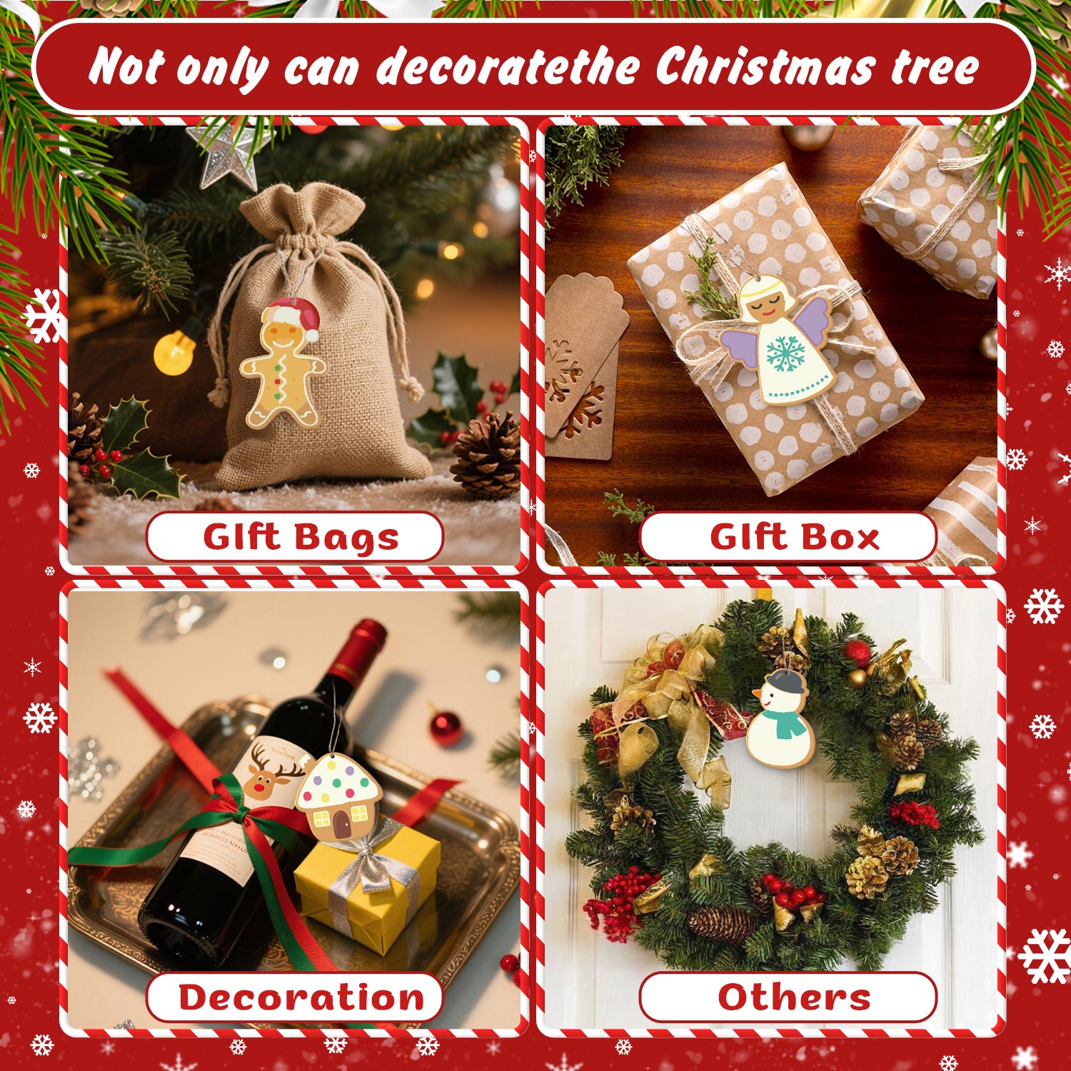 Collage de bolsas, cajas y adornos de regalo navideños con texto festivo.