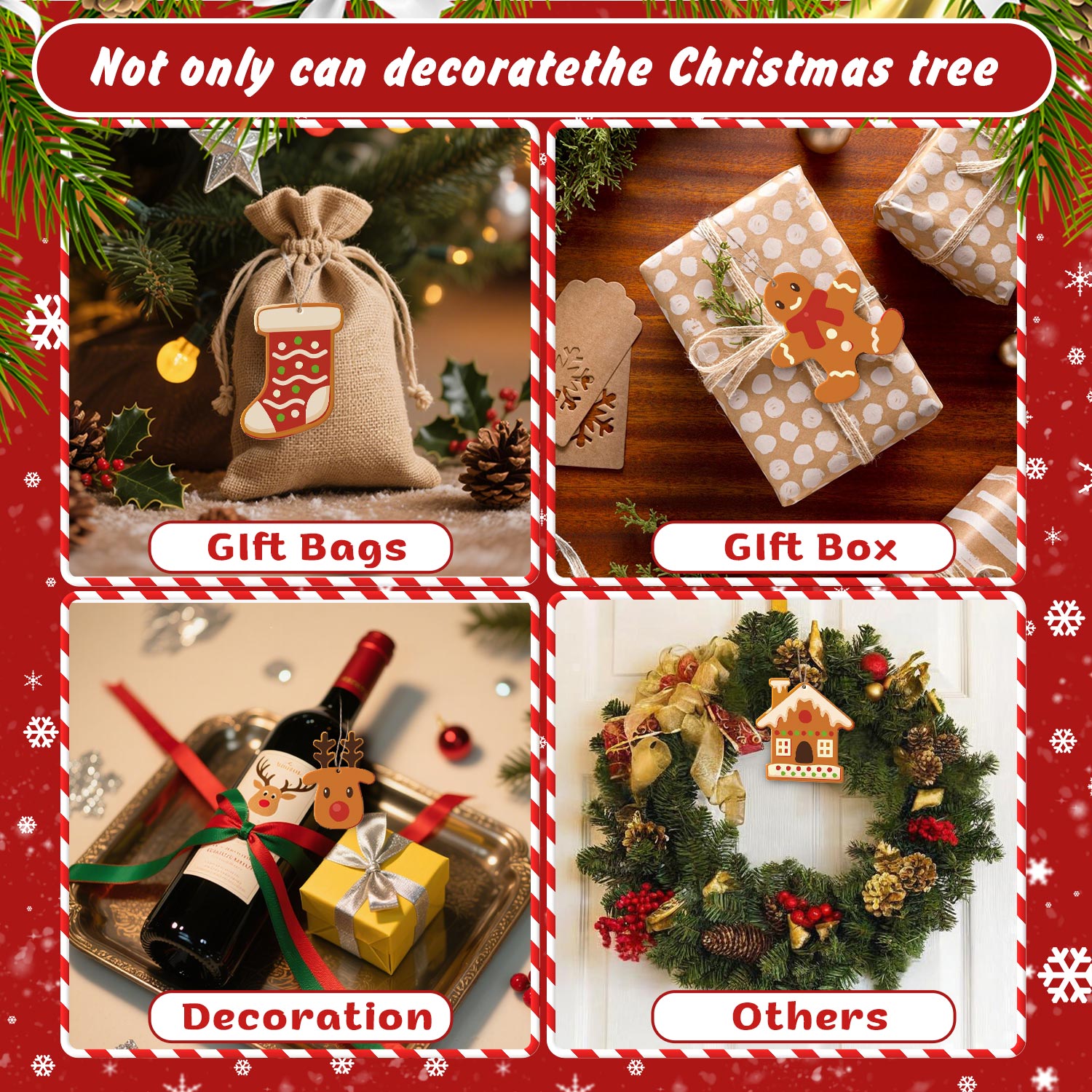 Collage de sacs-cadeaux de Noël, de boîtes et de décorations avec texte et bordure festifs.
