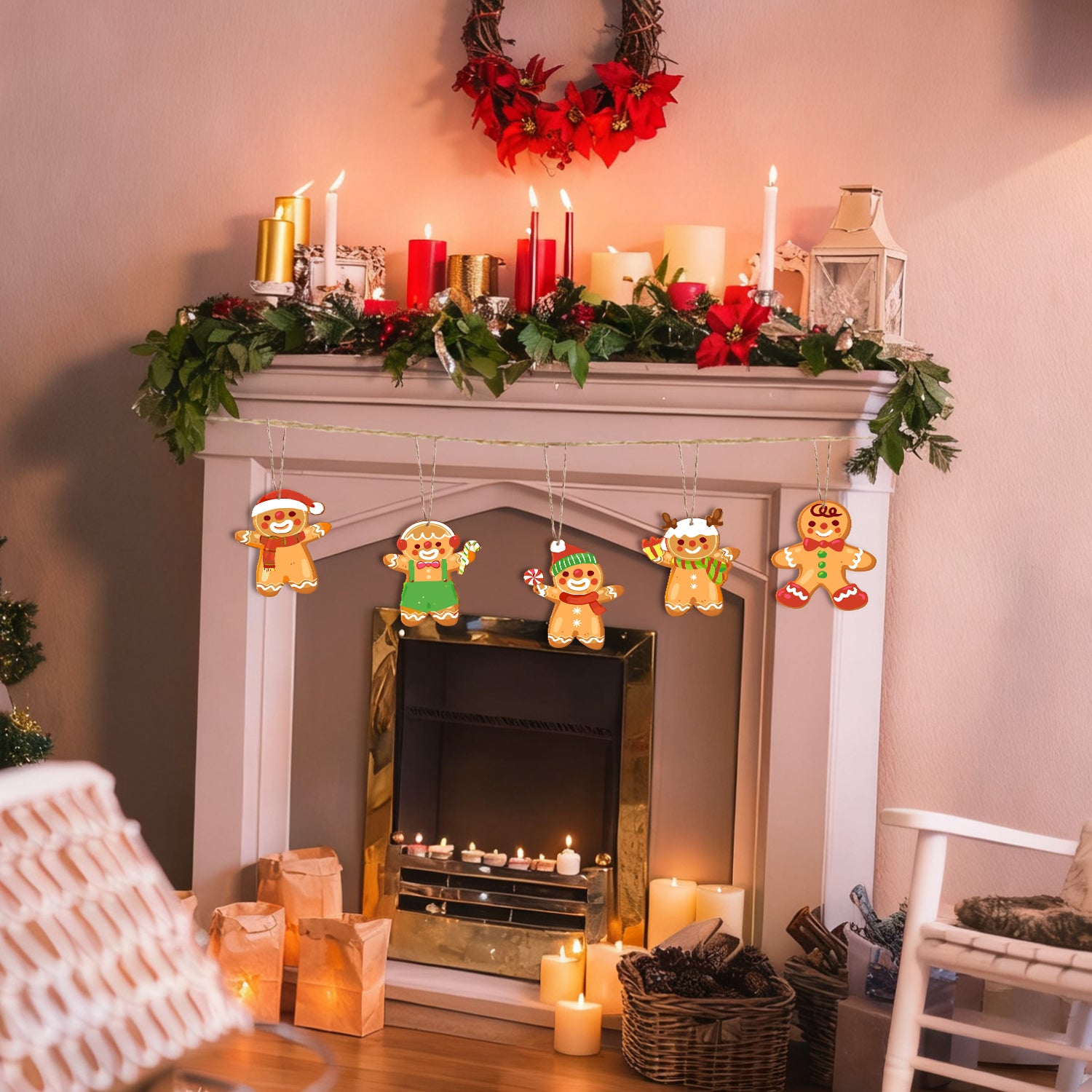 Decorated fireplace with Christmas mantel, candles, and gingerbread decorations.
