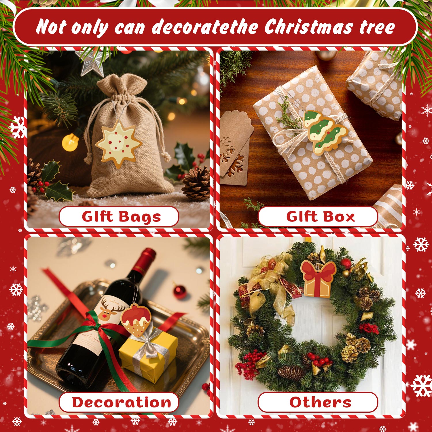 Collage de sacs-cadeaux de Noël, de boîtes et de décorations avec texte et bordure festifs.
