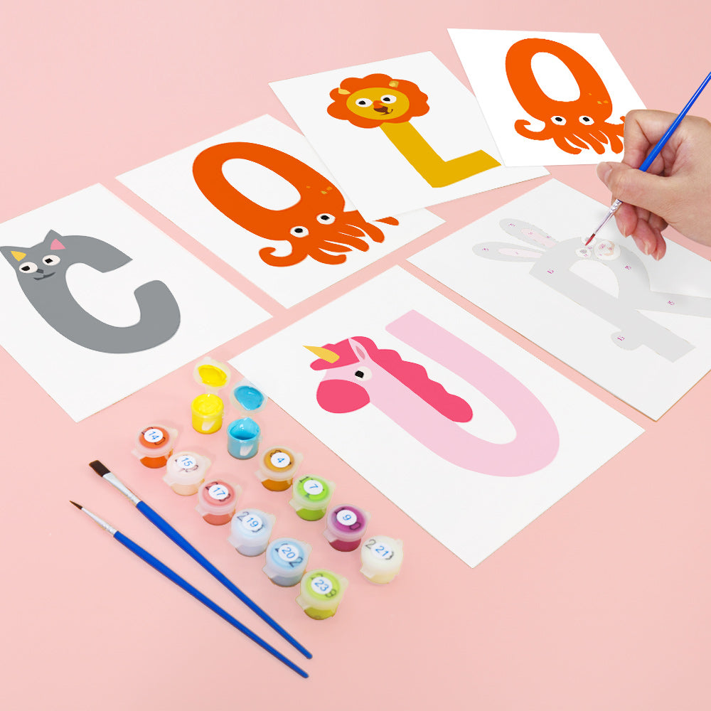 Children's painting activity with letters 'C', 'O', 'L', 'Q', 'U' and paint supplies on a pink background.