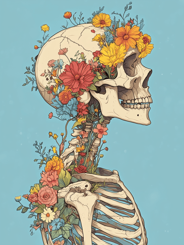 A paint by numbers kit depicting a skeleton with various flowers and a skull, set against a blue background.