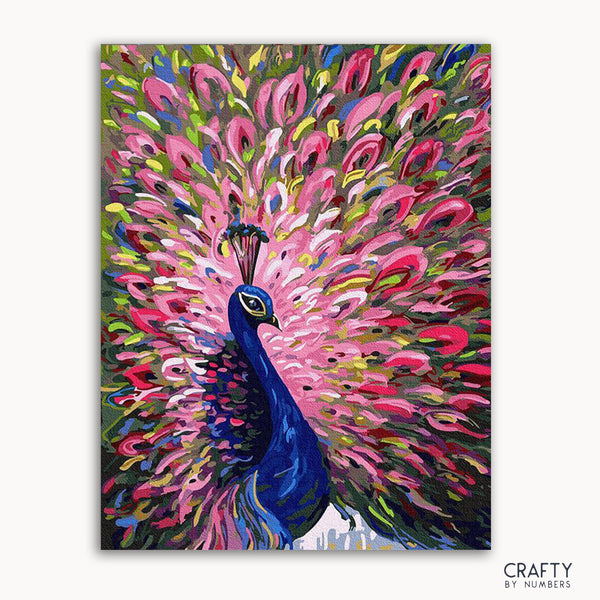 A colorful painting of a peacock with an open tail feathers, with a mix of pink, blue, green, and yellow strokes, on a framed canvas.