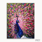 A colorful painting of a peacock with an open tail feathers, with a mix of pink, blue, green, and yellow strokes, on a framed canvas.
