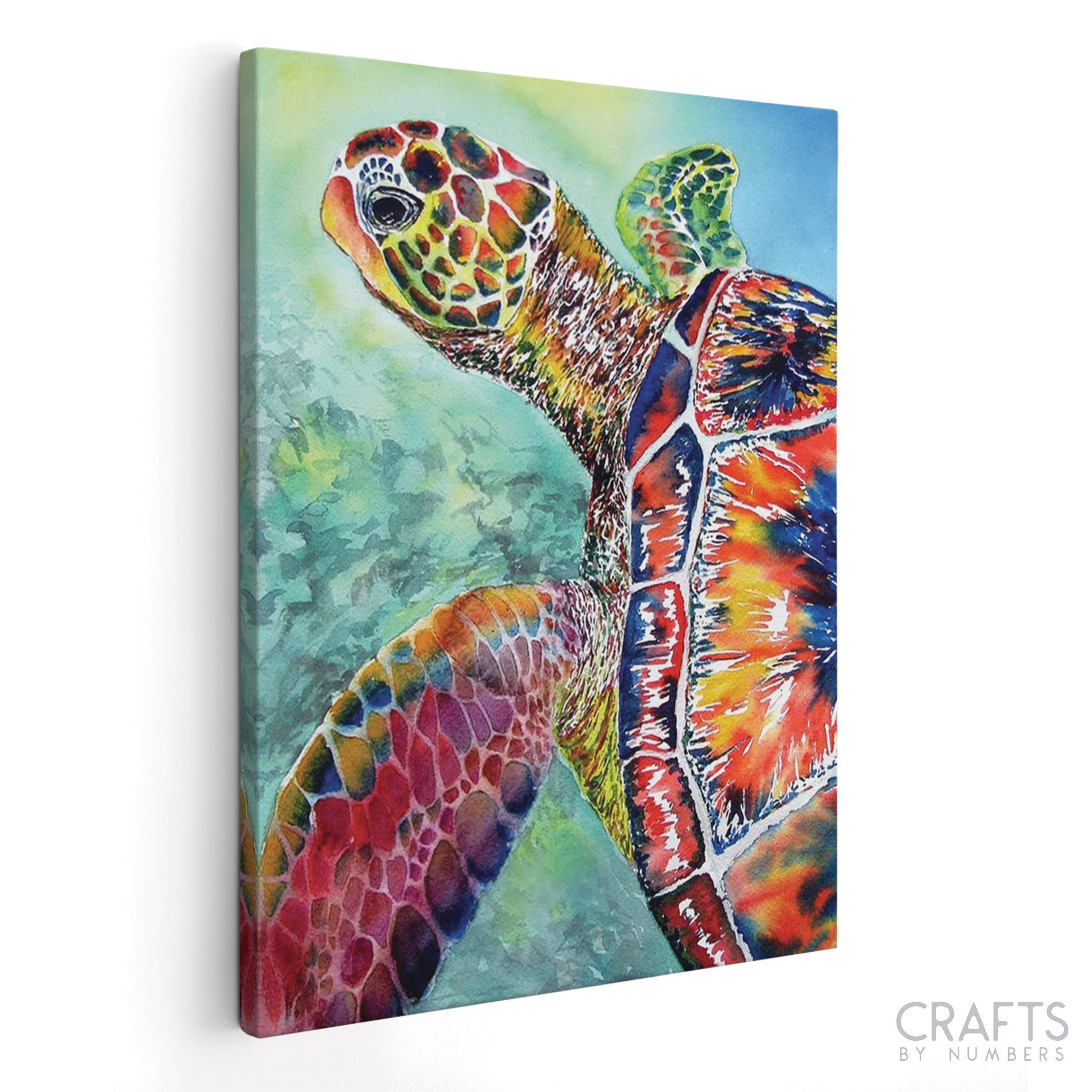 A paint-by-numbers kit depicting a colorful sea turtle on a canvas.