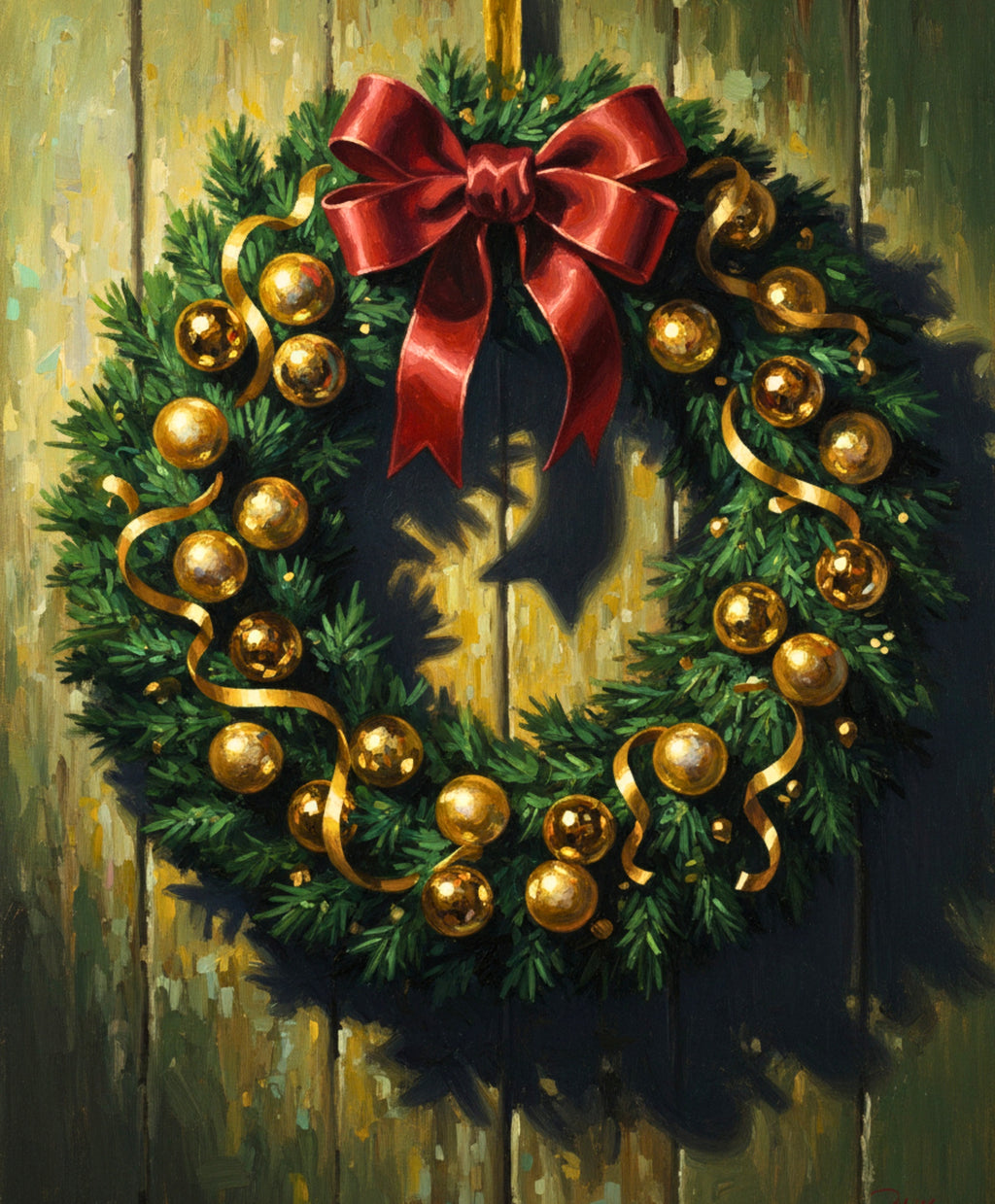 A Christmas wreath with gold baubles and a red bow against green wooden boards.