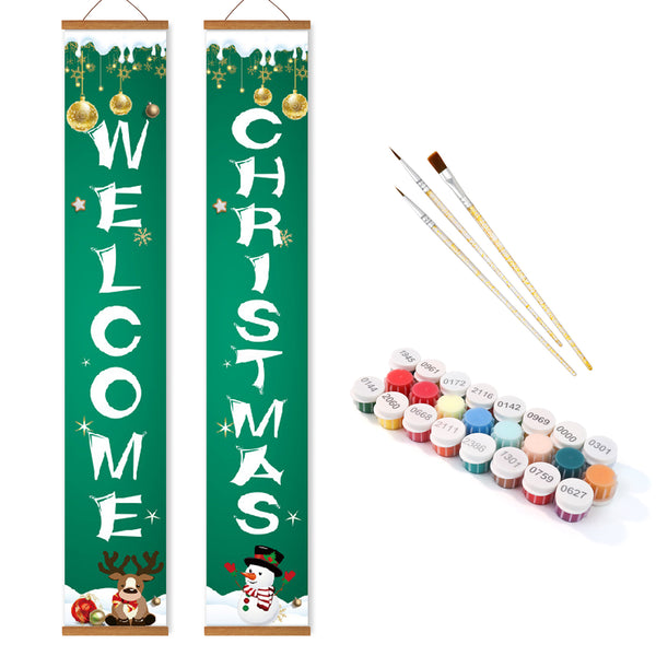Christmas-themed decorative banners with paint supplies on a white background