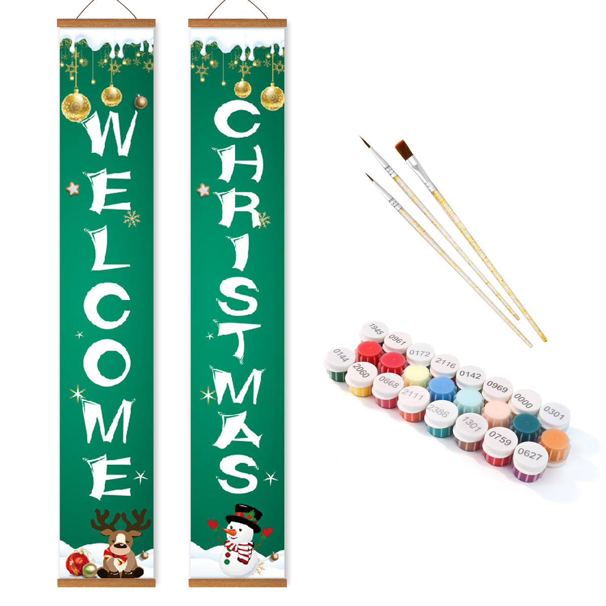Christmas-themed decorative banners with paint supplies on a white background
