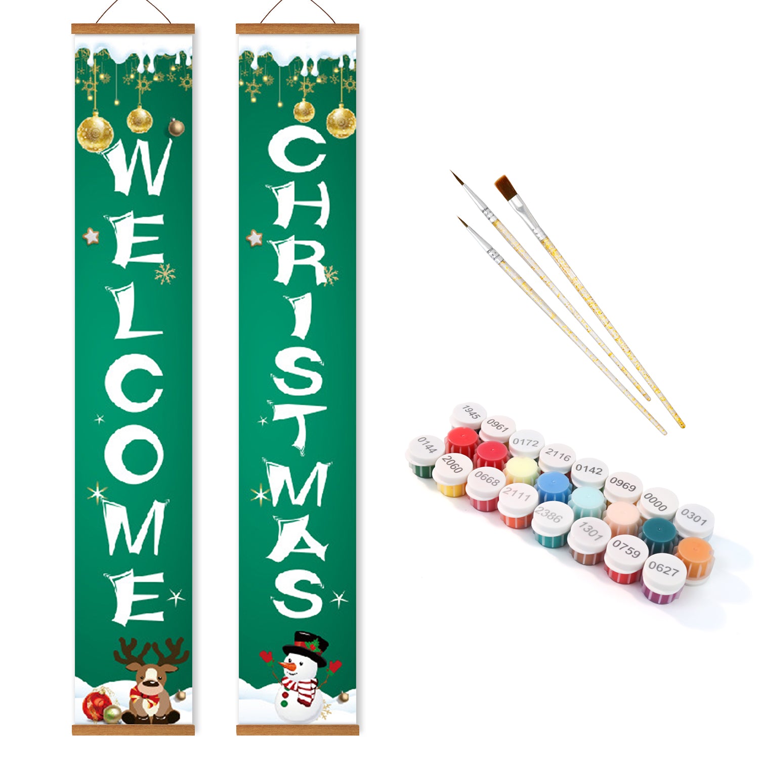 Christmas-themed decorative banners with paint supplies on a white background