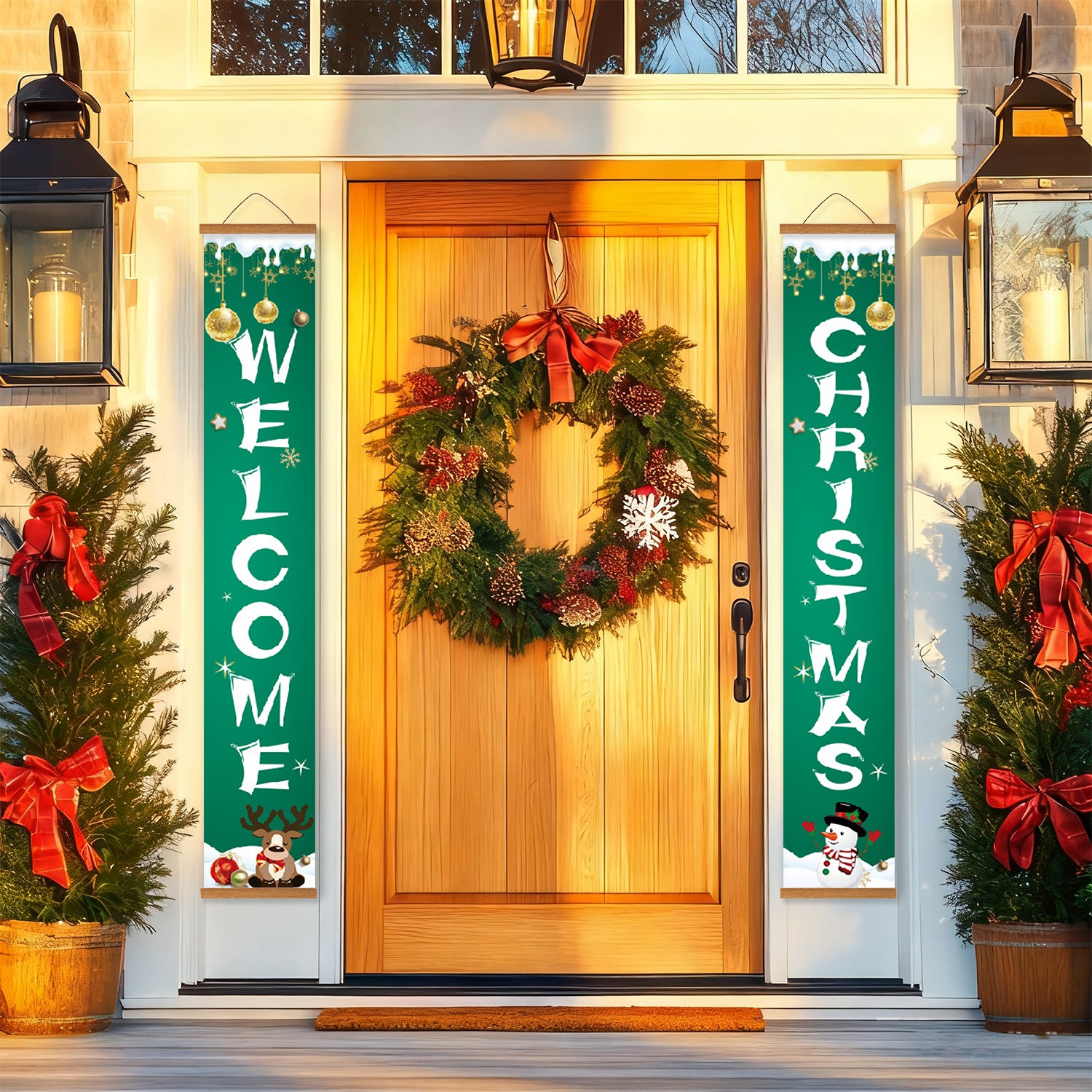 Front door decorated with Christmas wreath and festive signs on a house exterior.