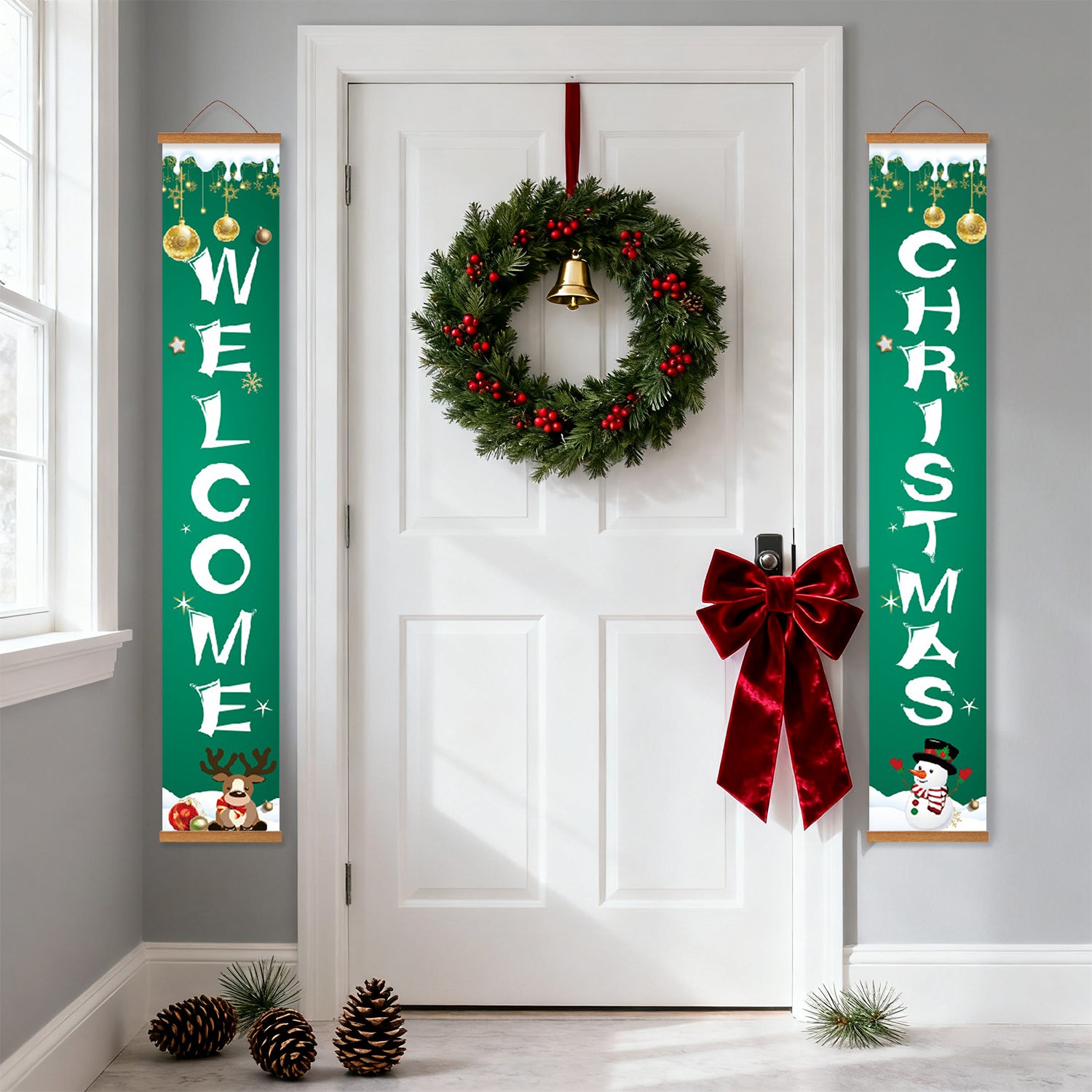 Decorative Christmas wreath with red bow on a white door, flanked by 'Welcome' and 'Christmas' vertical signs.