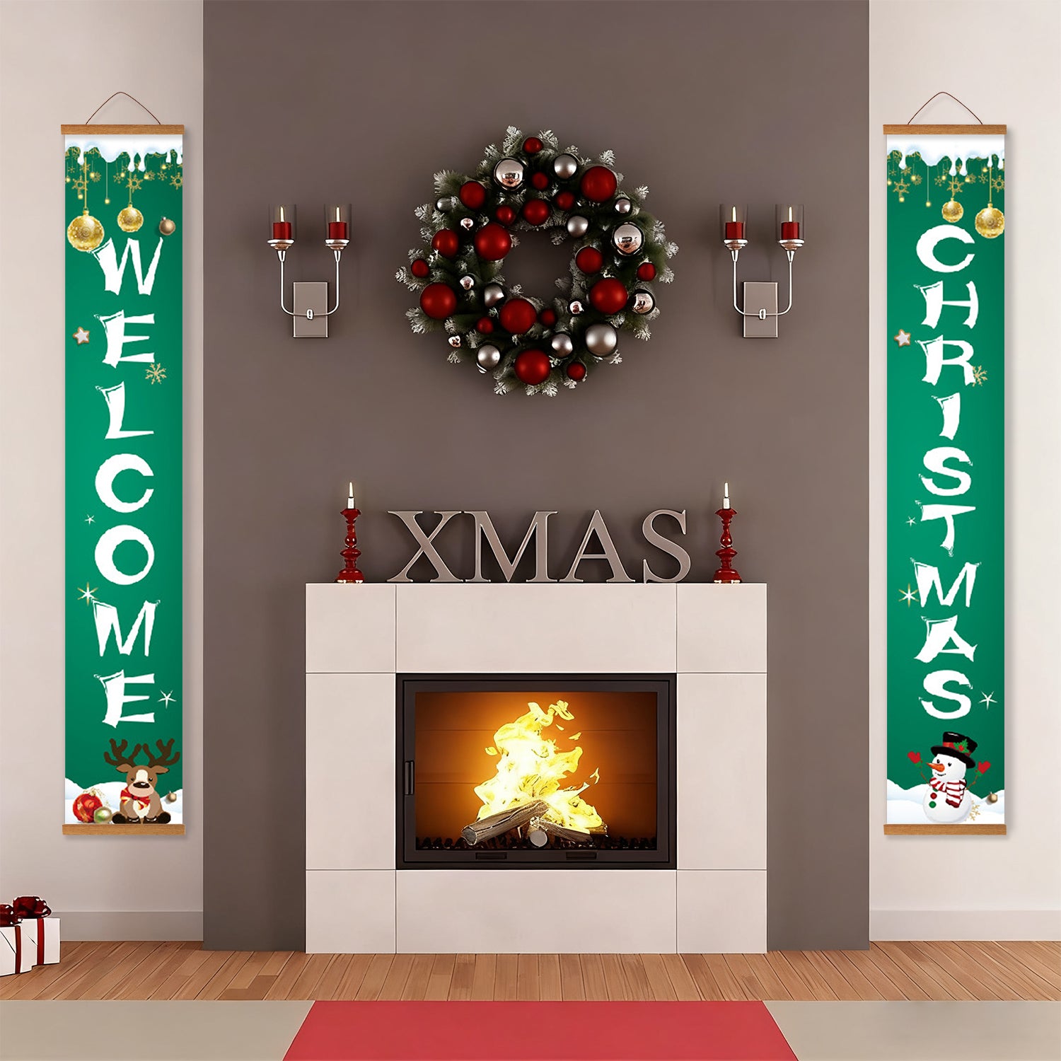 Decorative Christmas banners and wreath above a fireplace with festive decor.
