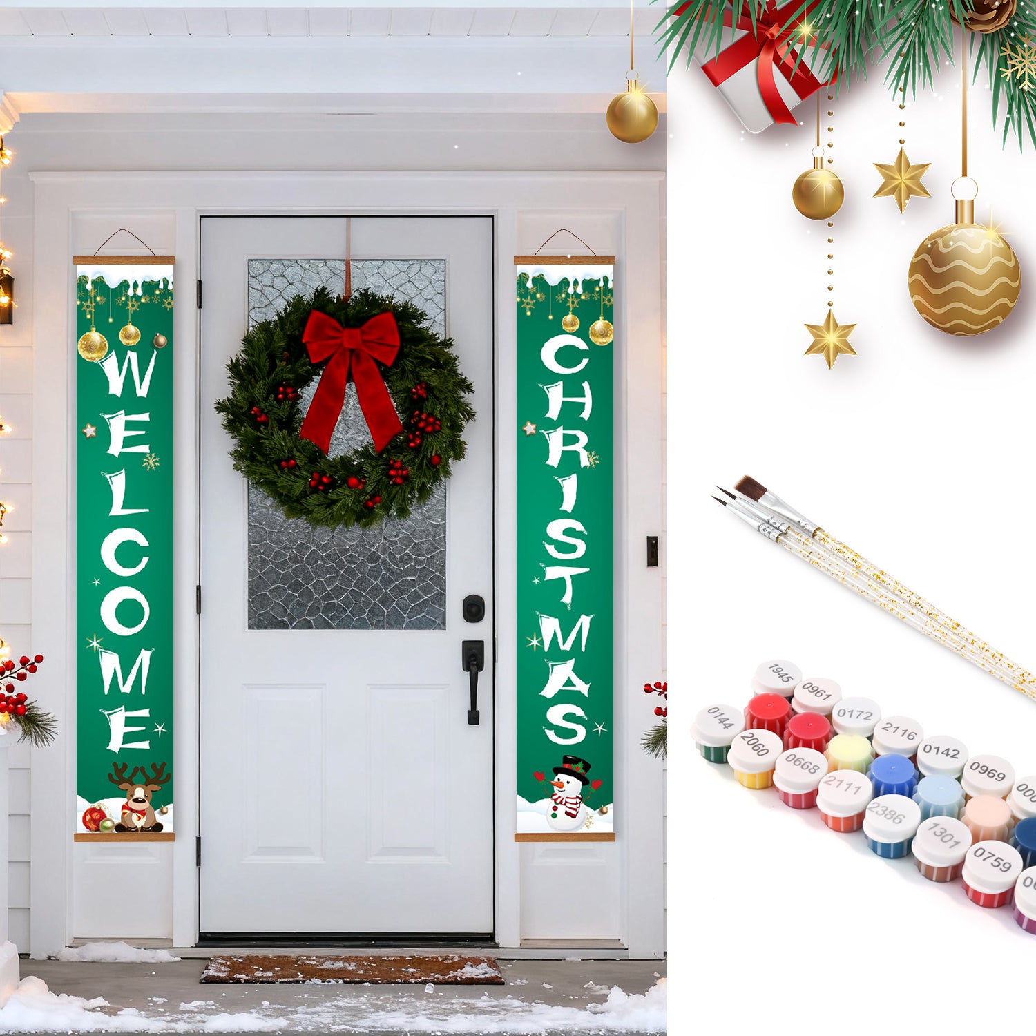Vertikale Banner mit Weihnachtsmotiv und dekorativen Elementen an einer Tür, umgeben von Weihnachtsdekorationen.