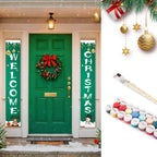 Decorative Christmas banners for a door with festive elements and paint supplies.