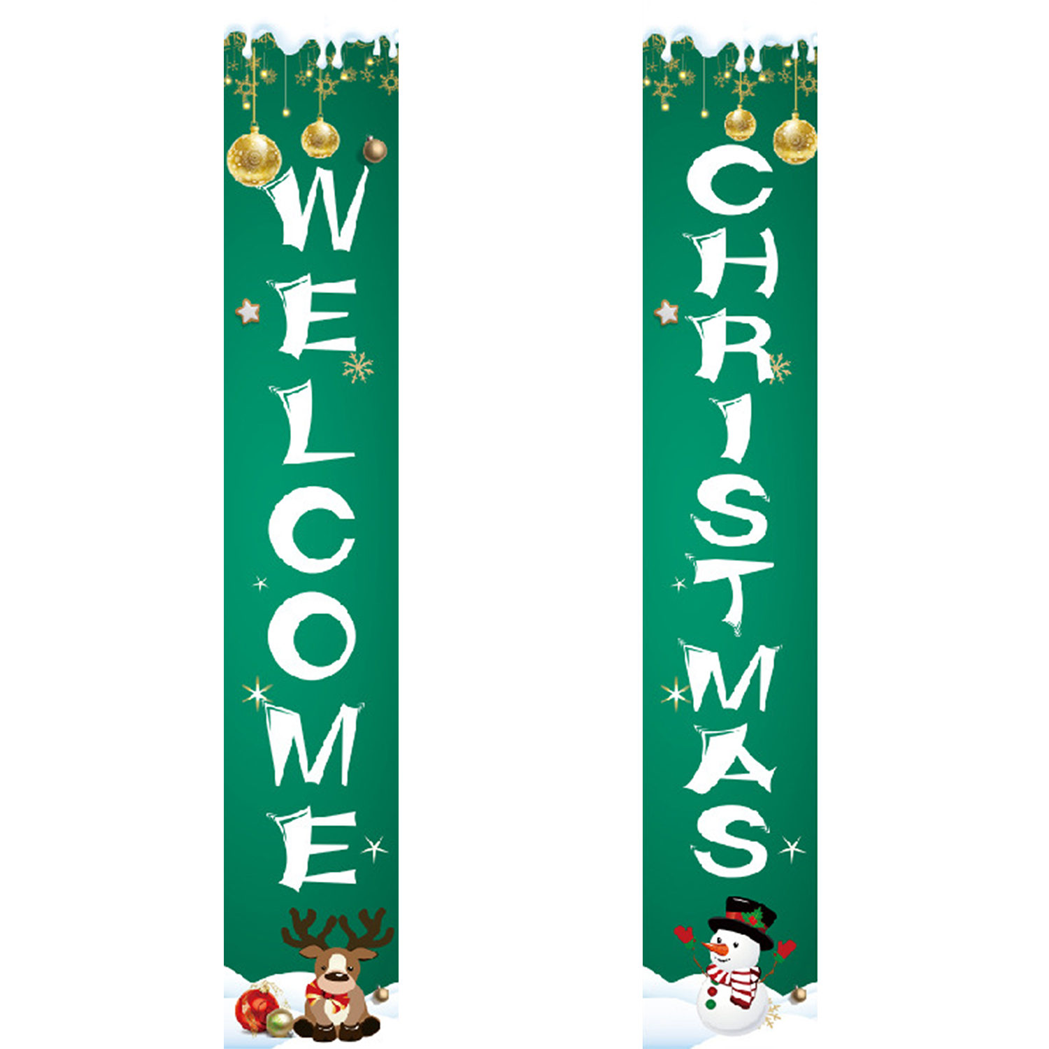 Two vertical Christmas banners with 'Welcome' and 'Christmas' text on a green background.