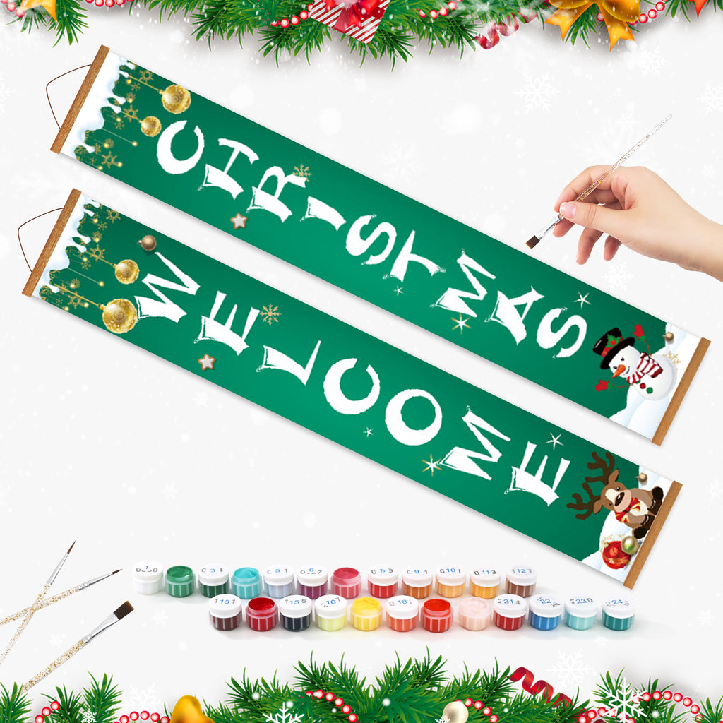 Banner decorativo con diseños festivos y suministros de pintura sobre un fondo blanco.