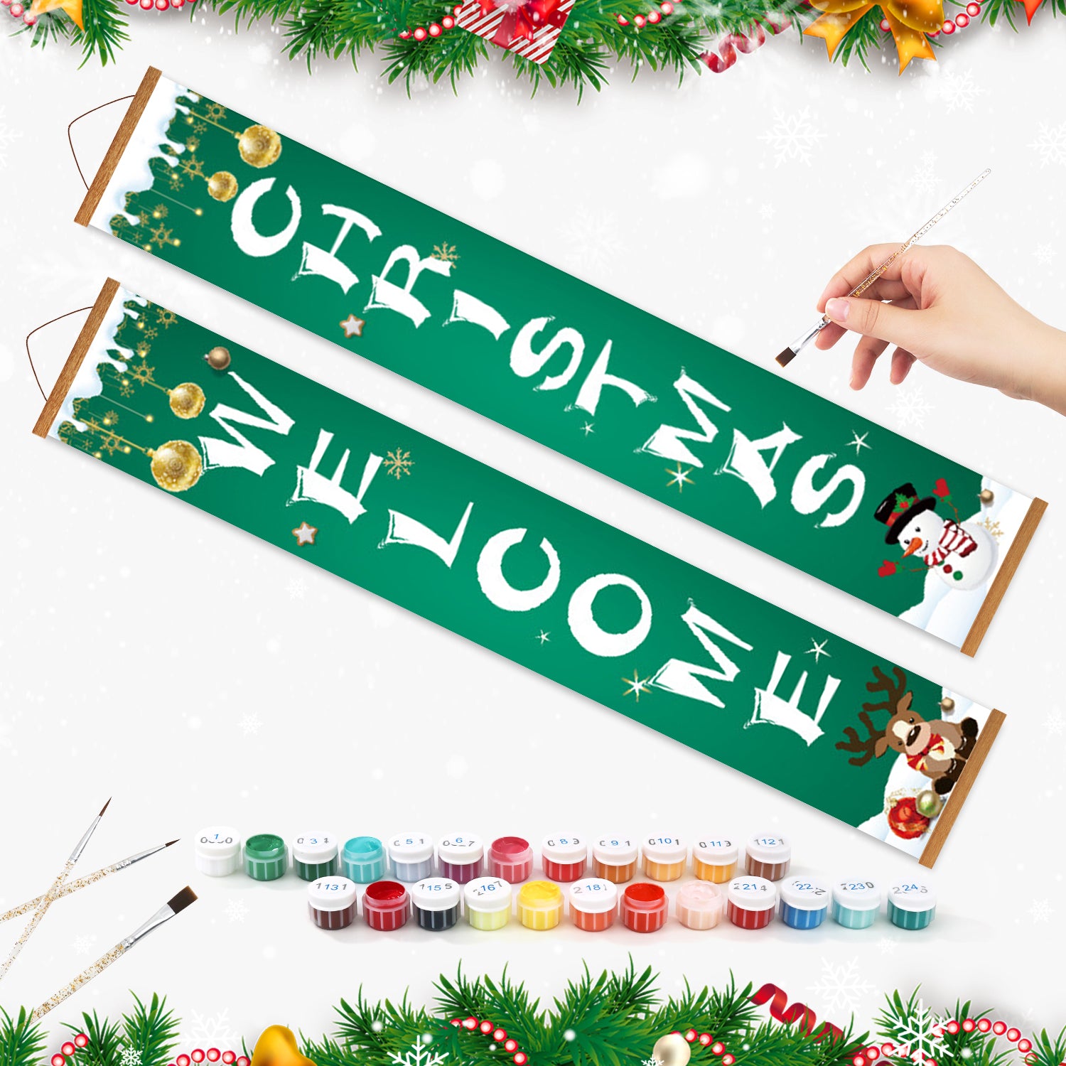Decorative banner with festive designs and paint supplies on a white background