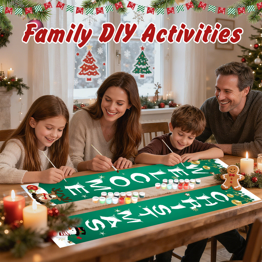 Familia involucrada en una actividad navideña de bricolaje en una mesa con decoraciones festivas.