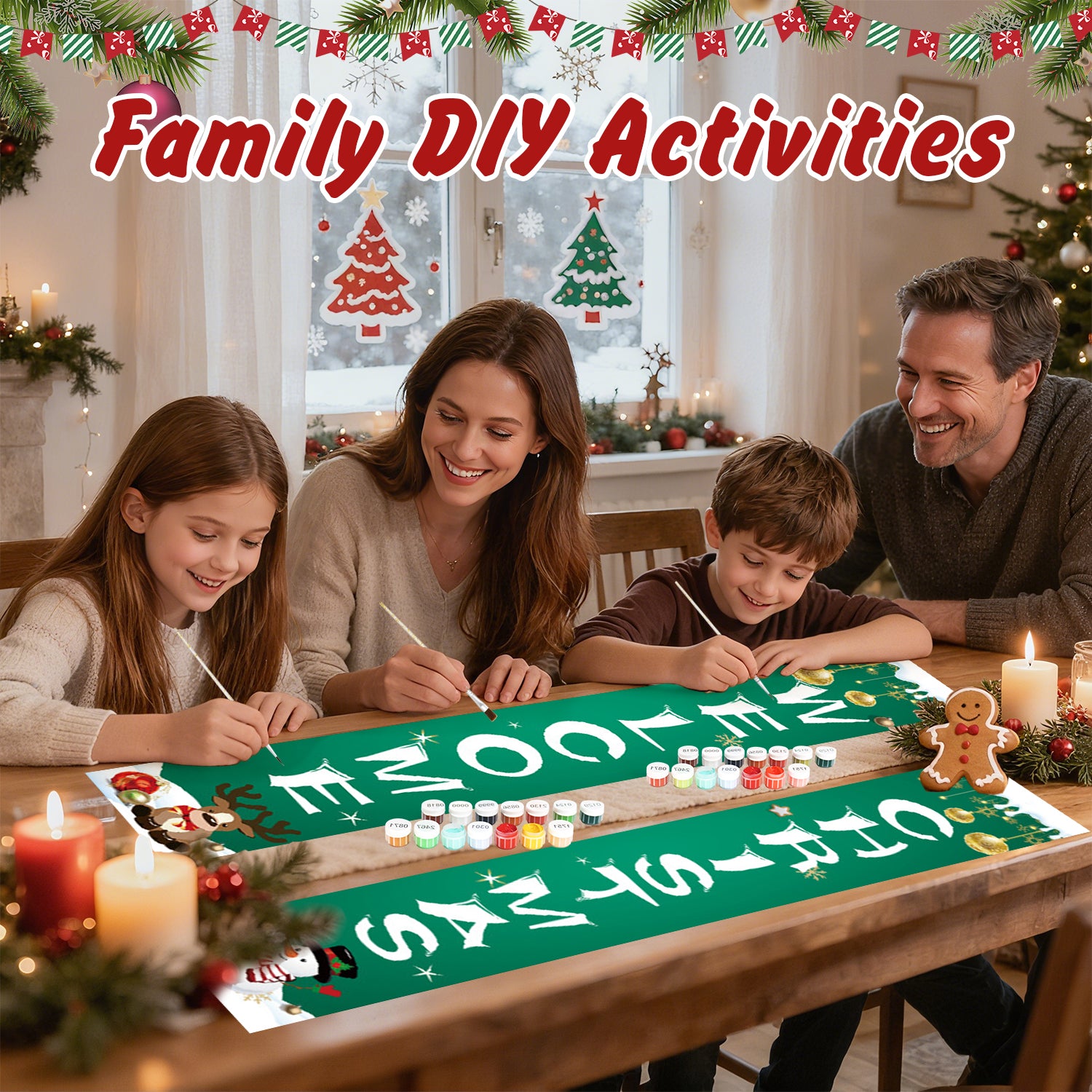 Familie beteiligt sich an einer DIY-Weihnachtsaktivität an einem Tisch mit festlicher Dekoration.