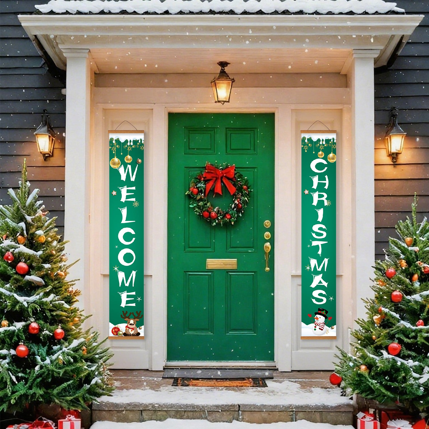 Decorated front door with Christmas wreath and trees on a snowy day