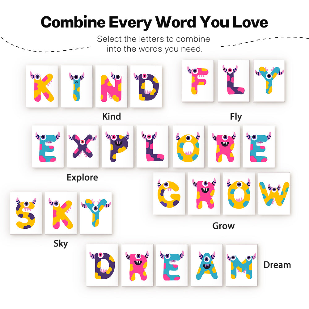 Colorful letter tiles with various words on a white background