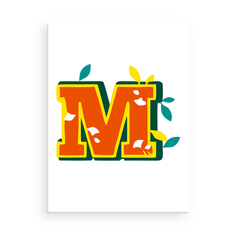 Colorful letter 'M' with decorative elements on a white background