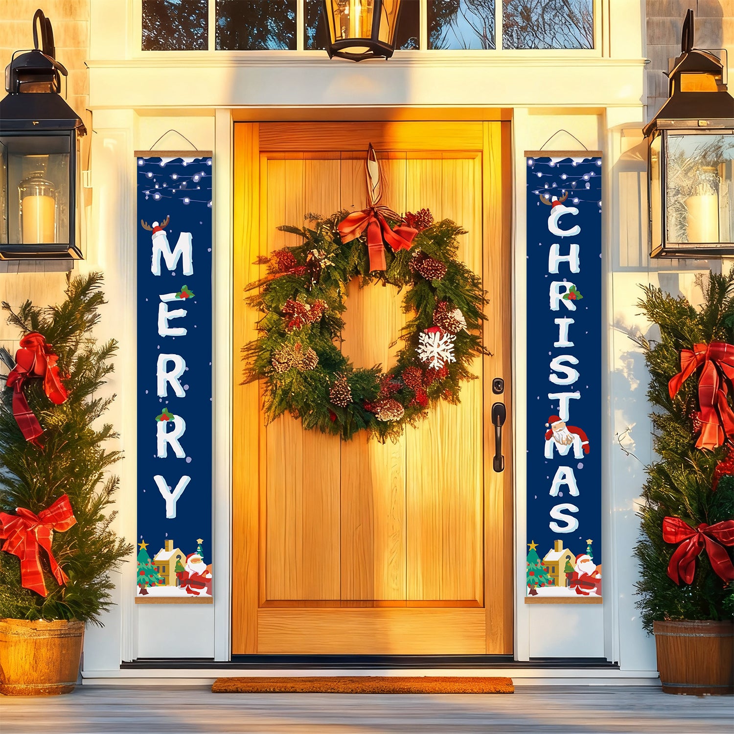 Decorative Christmas wreath on a door with 'Merry Christmas' signs flanking it.
