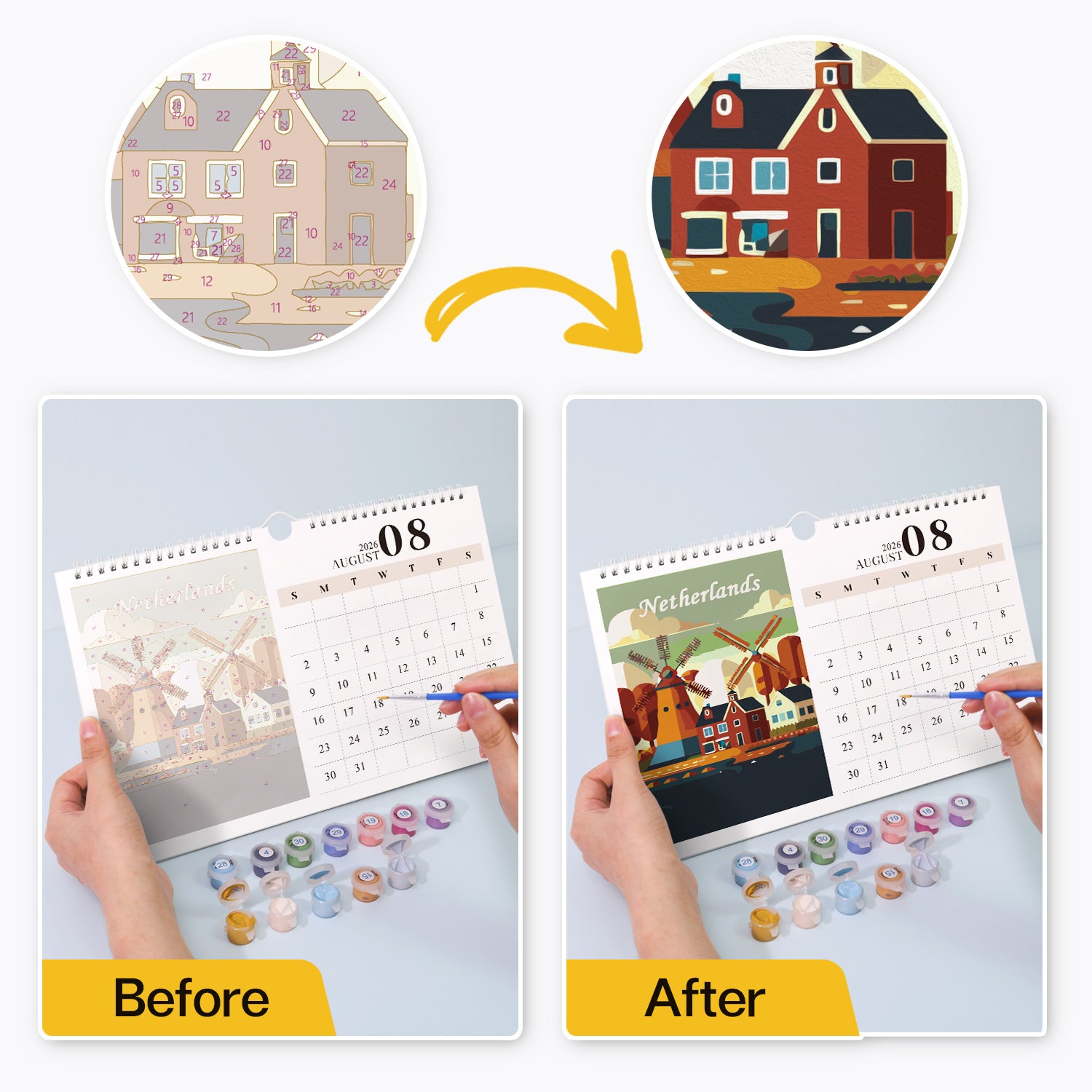 Before and after comparison of a calendar with a house illustration being colored.