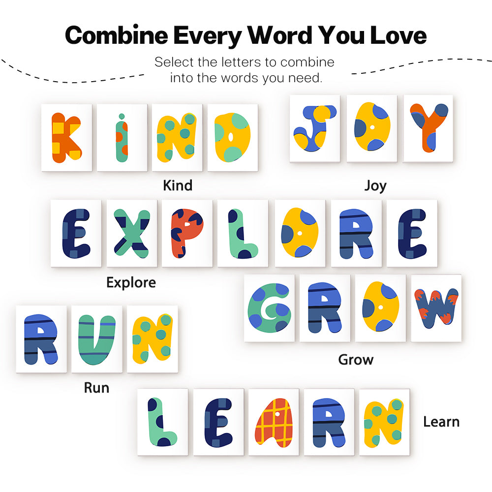 Colorful letter tiles with words like 'Kind', 'Joy', 'Explore', 'Grow', 'Run', and 'Learn' on a white background.