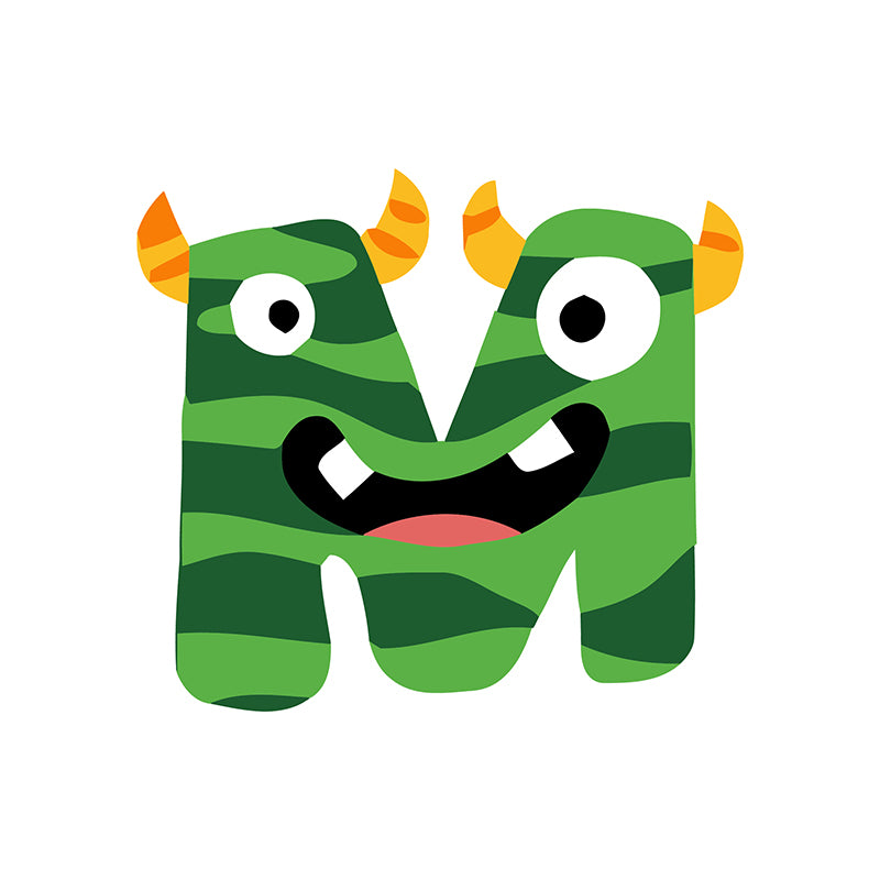 Cartoon letter 'M' with a monster design on a white background