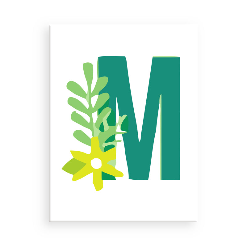Letter 'M' with floral design on a white background