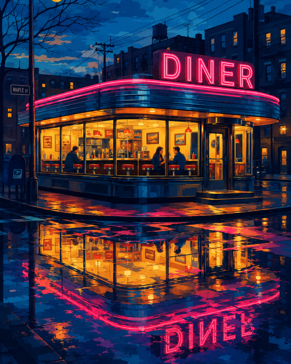 A neon diner glowing pink and gold above reflections on a rainy city street.