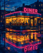 A neon diner glowing pink and gold above reflections on a rainy city street.