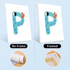 Letter 'P' with polka dots and orange accents displayed in both no frame and framed versions on a light blue background.