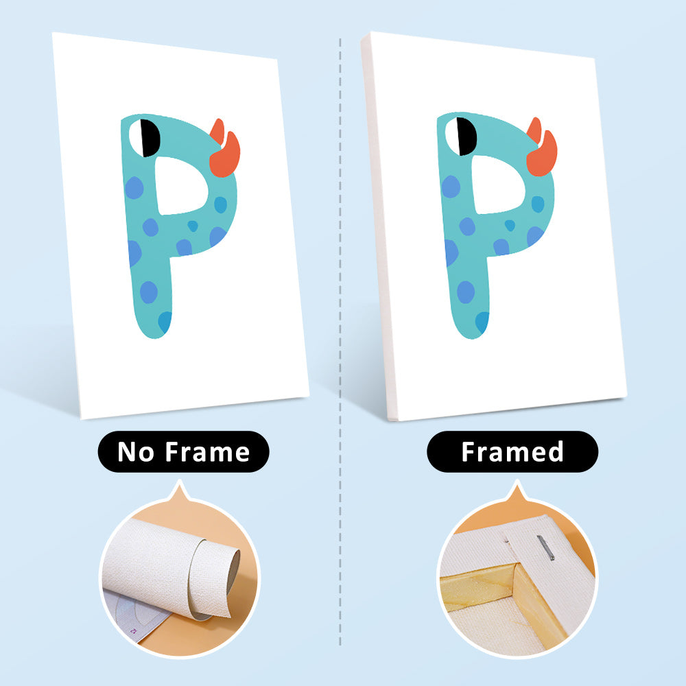 Letter 'P' with polka dots and orange accents displayed in both no frame and framed versions on a light blue background.