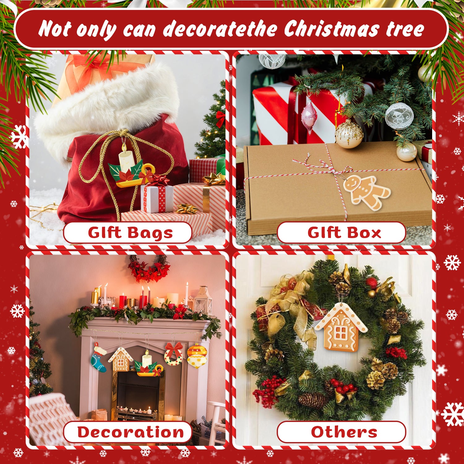 Collage of Christmas decorations including gift bags, a gift box, fireplace decor, and wreath with text overlay.