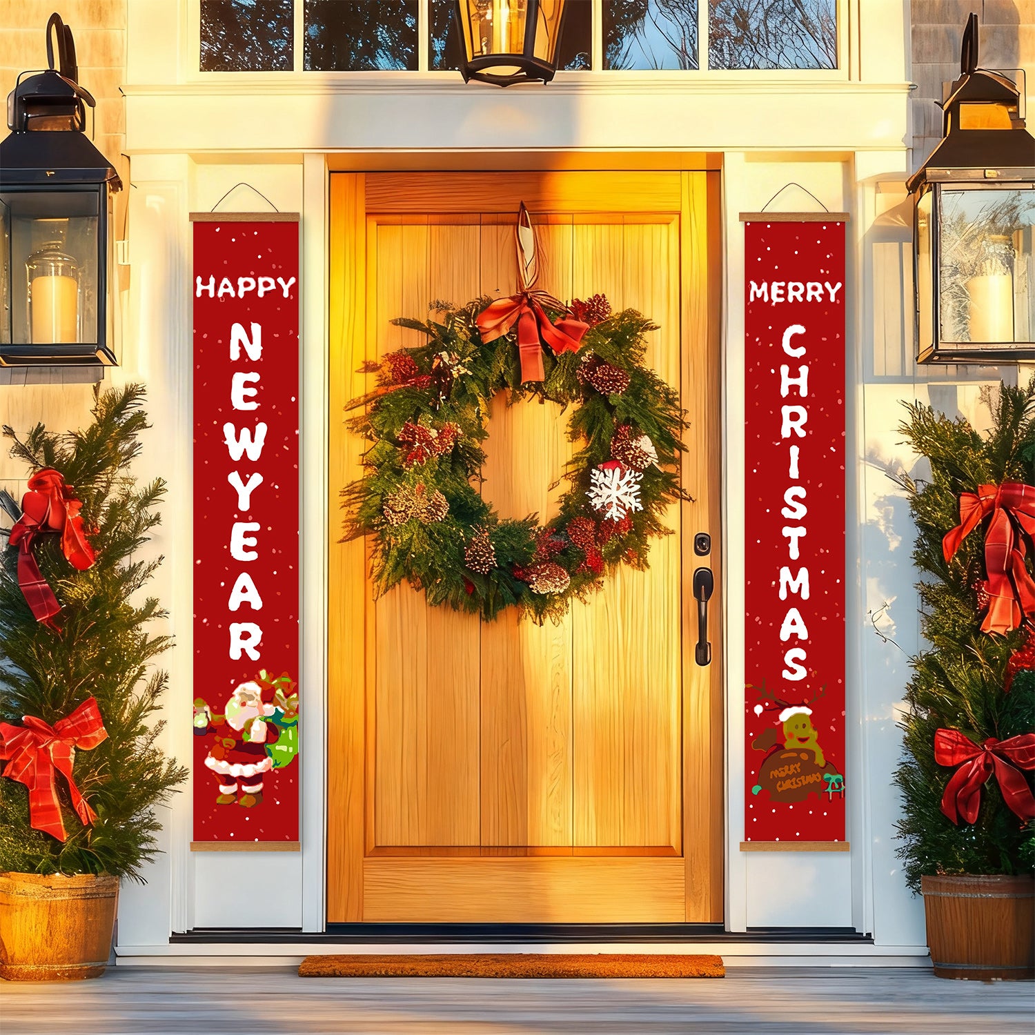 Decorative Christmas wreath with red ribbons on a wooden door, flanked by 'Happy New Year' and 'Merry Christmas' banners.