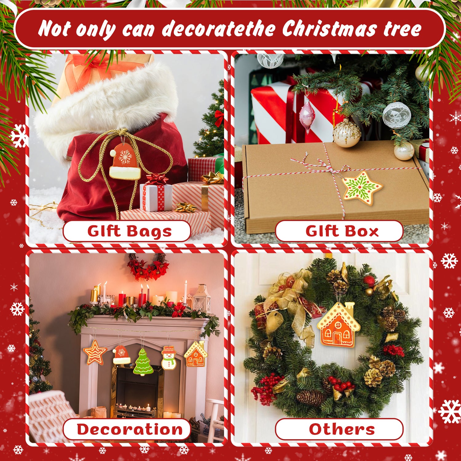 Collage de décorations de Noël comprenant des sacs-cadeaux, une boîte-cadeau, une décoration de cheminée et une couronne avec superposition de texte.