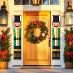 Front door with Christmas wreath and nutcrackers flanking a lantern on a white wall.