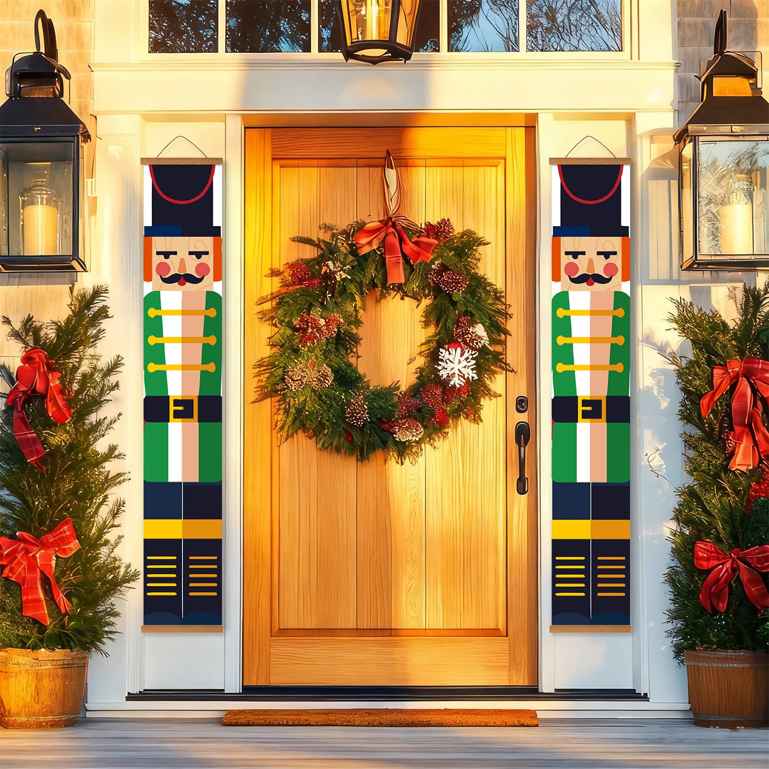 Front door with Christmas wreath and nutcrackers flanking a lantern on a white wall.