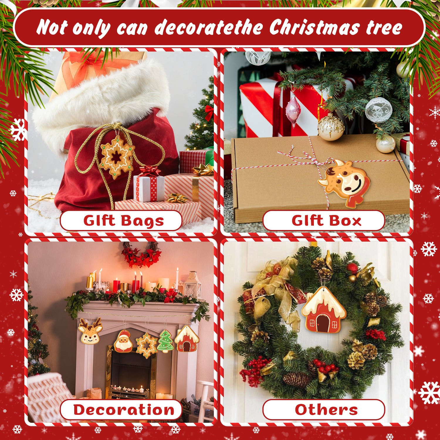 Collage aus Weihnachtsdekorationen, darunter Geschenktüten, eine Geschenkbox, Kamindekoration und ein Kranz mit Lebkuchenhaus.