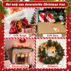 Collage of Christmas decorations including gift bags, a gift box, fireplace, and wreath with gingerbread house ornaments.