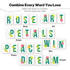Set of customizable word tiles with floral designs on a white background