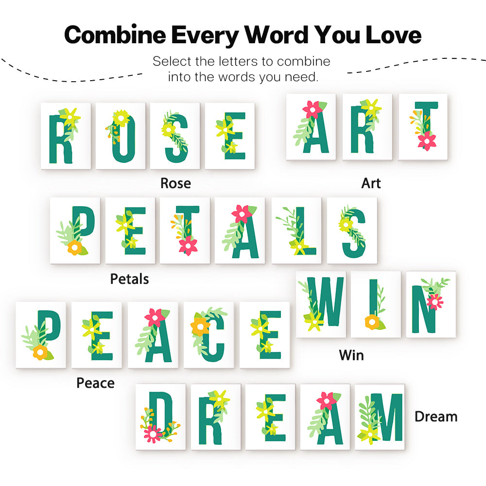 Set of customizable word tiles with floral designs on a white background