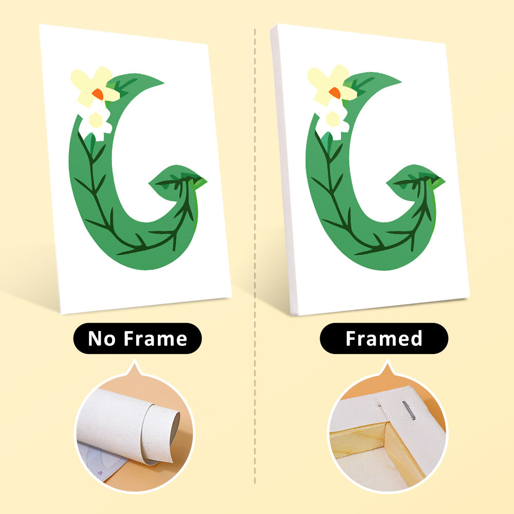 Comparison of a decorative letter 'G' with and without a frame on a beige background.