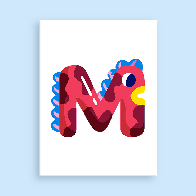 Colorful letter 'M' design on a light blue background