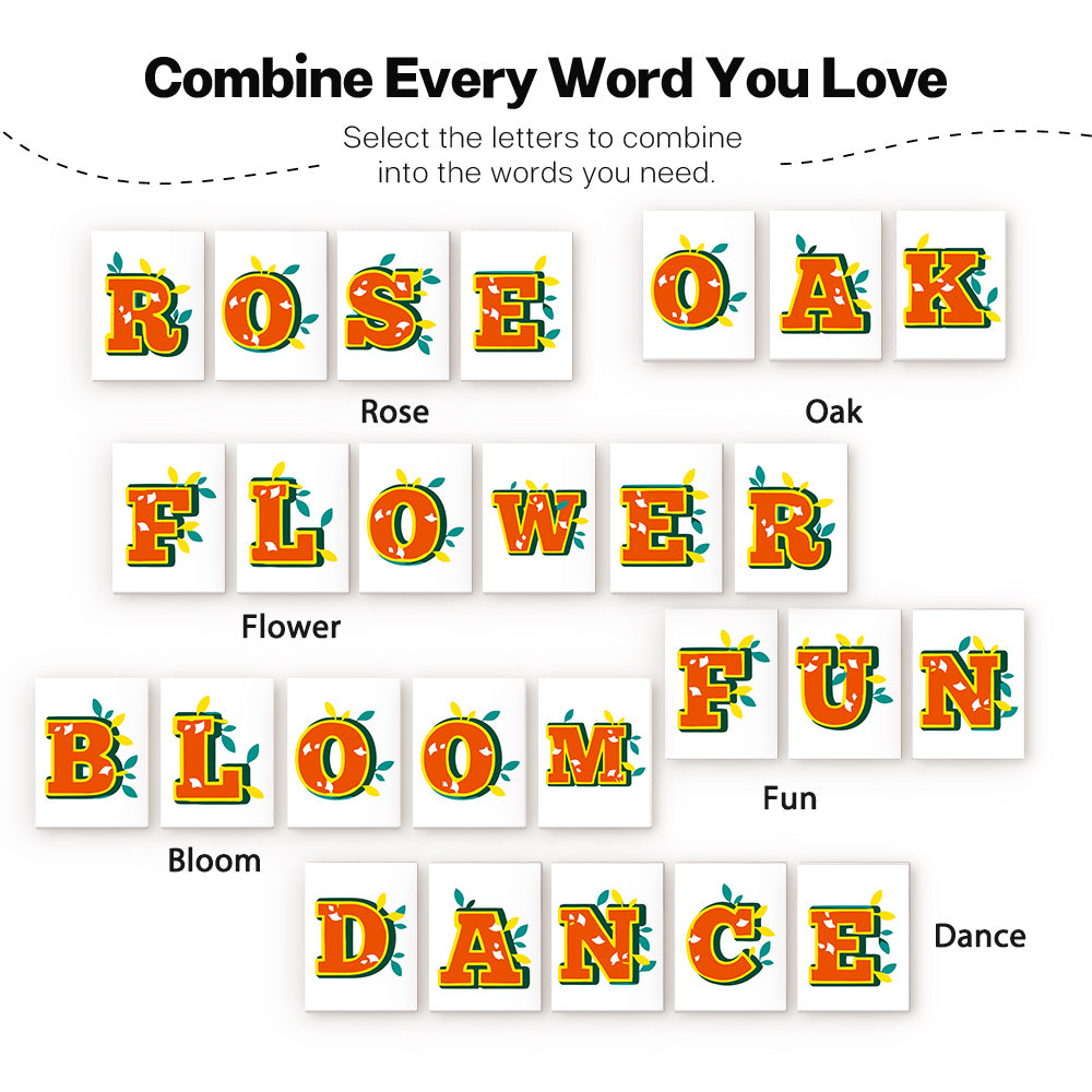 Set of colorful letter tiles with words like 'Rose', 'Oak', 'Flower', 'Fun', 'Bloom', and 'Dance' on a white background.