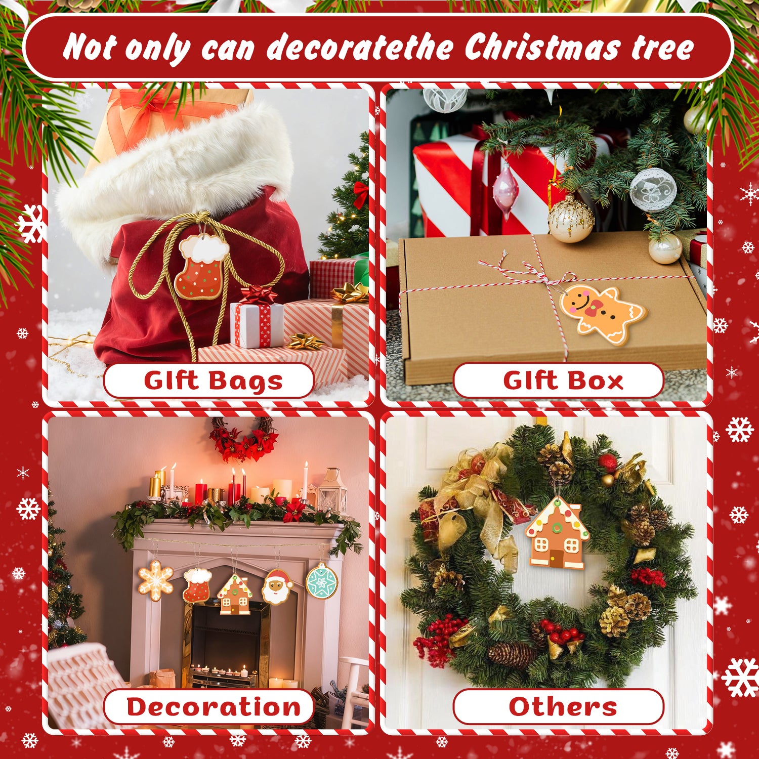 Collage de adornos navideños que incluyen bolsas de regalo, una caja de regalo, una chimenea y una corona con texto superpuesto.